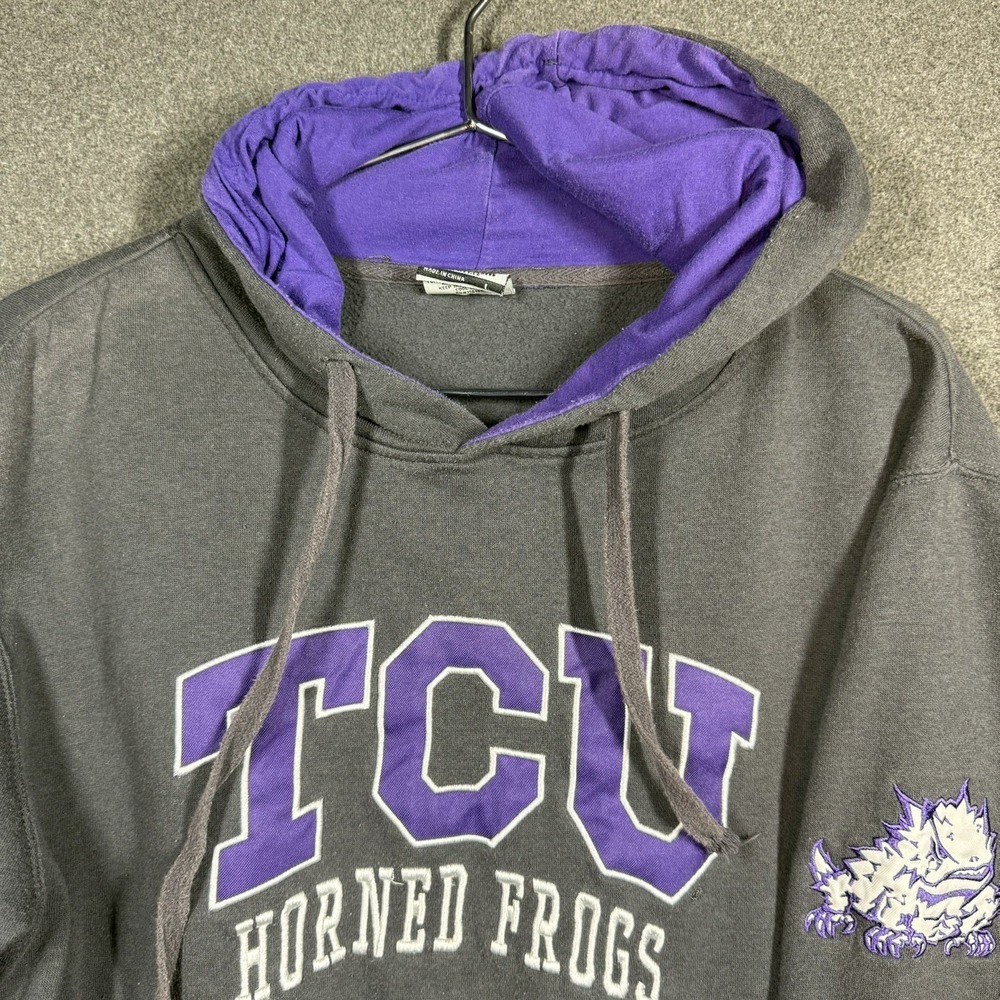 TCU Horned Frogs Mens Large Gray/Purple Pullover Hoodie Sweatshirt Stadium Logo